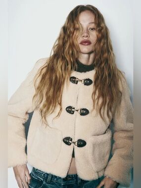 Zara Faux Shearling Jacket  Size Small Double Faced Toggle Scandi Girl Cabincore